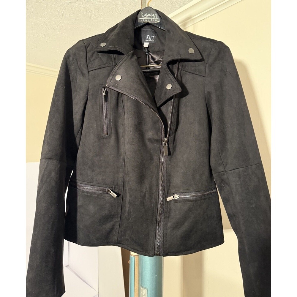 NEW Kut From The Kloth Quinn Moto Jacket Women's‎ S Black Textured Faux Suede